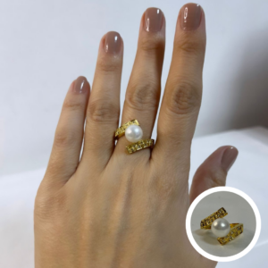 Anel Pérola Shell Topázio Incolor Prata 950 com Banho de Ouro