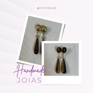 Brinco em Olho de Tigre e Topázio Incolor Prata 950 com Banho de Ouro